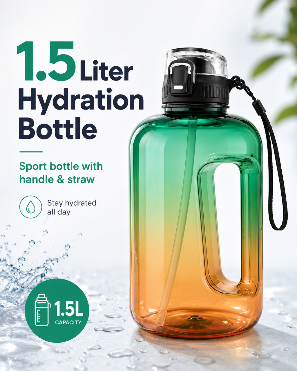 1.5L Hydration Bottle with Handle & Straw